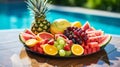 Tropical Fruit Delight: Vibrant Assortment of Pineapple, Watermelon, and Kiwi on Colorful Tray