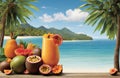 tropical fruit illustration - papaya, passion fruit, pineapple, banana, tropical island, ocean, blue sky Royalty Free Stock Photo