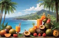 tropical fruit illustration - papaya, passion fruit, pineapple, banana, tropical island, ocean, blue sky Royalty Free Stock Photo