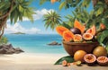 tropical fruit illustration - papaya, passion fruit, pineapple, banana, tropical island, ocean, blue sky Royalty Free Stock Photo