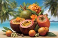 tropical fruit illustration - papaya, passion fruit, pineapple, banana, tropical island, ocean, blue sky Royalty Free Stock Photo