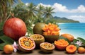 tropical fruit illustration - papaya, passion fruit, pineapple, banana, tropical island, ocean, blue sky Royalty Free Stock Photo