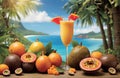 tropical fruit illustration - papaya, passion fruit, pineapple, banana, tropical island, ocean, blue sky Royalty Free Stock Photo