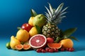 Tropical fruit ingredients set against a refreshing blue background