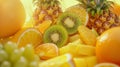 a tropical fruit medley, with juicy pineapples, ripe kiwis, and citrusy oranges against a vivid solid background. Ensure perfect