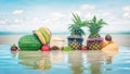 Tropical fruit mix on beach. Pineapple with sunglasses water ref Royalty Free Stock Photo