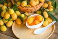 tropical fruit Name in Thailand sweet Yellow Marian Plum Maprang Plango or Mayong chid, Sweet dessert marian plum fruit on bowl