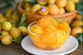 tropical fruit Name in Thailand sweet Yellow Marian Plum Maprang Plango or Mayong chid, Sweet dessert marian plum fruit on bowl