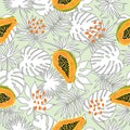 Tropical fruit pattern with watercolor papaya and exotic leaves