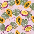 Tropical fruit pattern with watercolor papaya, passion fruit and palm leaves