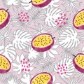 Tropical fruit pattern with watercolor passion fruit and exotic leaves