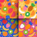 Tropical fruit patterns, banana fruit, kiwi, pineapple, strawberry, stylized illustrations, colorful abstract prints