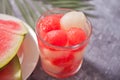 Tropical fruit salad with melon and watermelon balls in glass under the palm leaf Royalty Free Stock Photo