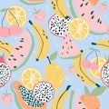 Tropical fruit seamless pattern. Cute and colourful background with bananas, watermelon, lemon