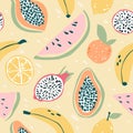 Tropical fruit seamless pattern. Cute and colourful background with bananas, watermelon, lemon