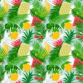 Tropical fruit seamless pattern with jungle leaves floral background.