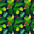Tropical fruit seamless pattern with jungle leaves floral dark color background.