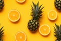 tropical fruit seamless pattern. pineapples and orange slices on yellow background