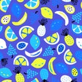 Tropical Fruit seamless vector pattern blue white yellow. Repeating bright summer background exotic. Abstract pineapple, lemons, Royalty Free Stock Photo