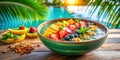 Tropical fruit smoothie bowl with mango, strawberries, and blueberries by the poolside. Generative AI Royalty Free Stock Photo
