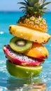 Tropical Fruit Stack with Pineapple Kiwi Dragon Fruit and Lime Over Water Royalty Free Stock Photo
