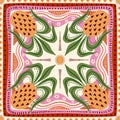 Tropical fruit tile, scarf, square seamless pattern with pineapple, geometric checkered ornament. Vector summer print Royalty Free Stock Photo