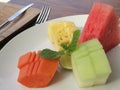 Tropical fruits assorted, resort breakfast Royalty Free Stock Photo