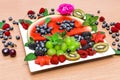 Tropical fruits assortment on a white plate , wooden background. Top view. Watermelon fresh fruit. Summer vegan food.