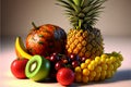 Tropical fruits background, many colorful ripe tropical fruits