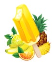 Tropical fruits banana, pineapple, orange, lemon, popsicle Ice-cream. Summer flavor