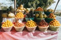 Tropical fruits in baskets on fruit market