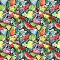 Tropical fruits, berries, palm leaves, beach cocktails, pink flamingos. Watercolor, seamless pattern from BEACH BAR Royalty Free Stock Photo