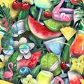 Tropical fruits, berries, palm leaves, beach cocktails, pink flamingos. Watercolor, seamless pattern. For textiles Royalty Free Stock Photo