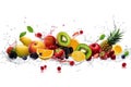 Tropical fruits and berries in water on a white background. Generative AI Royalty Free Stock Photo