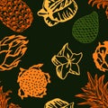 Tropical fruits on black background. Exotic seamless background. pineapple, pitahaya, Carambola, Salak