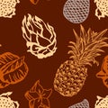 Tropical fruits on brown background. Exotic seamless background. pineapple, pitahaya, Carambola, Salak