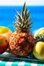 Tropical fruits collection, custard apple or green ripe cherymoia, passion fruit, pineapple, mango, tamarillo exotic fruits on Royalty Free Stock Photo