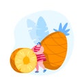 Tropical Fruits Diet. Young Woman Rolling Huge Pineapple Slice, Tiny Female Character Choosing Vegetarian