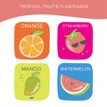 Tropical fruits Flashcards for Children. Cute fruit flashcards for children.