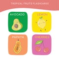 Tropical fruits Flashcards for Children. Cute fruit flashcards for children.