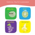 Tropical fruits Flashcards for Children. Cute fruit flashcards for children.