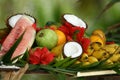 Tropical fruits and flowers arrangement