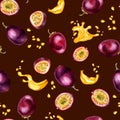 Tropical fruits and juice splash watercolor seamless pattern isolated on dark. Piece and whole of maracuya hand drawn