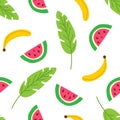 Tropical fruits and leaves seamless pattern. Summer background with watermelon slices and banana. Modern template for
