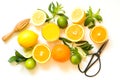 Tropical fruits for making juice of lemon, orange,lime by wooden juicer on white. Top view. Royalty Free Stock Photo