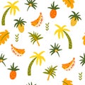 Tropical fruits and palms seamless pattern. Palm, leaves, bananas, pineapples. Summer fun hand drawn background. Great for Royalty Free Stock Photo