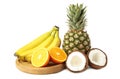 Tropical fruits. Pineapple, coconut, orange and banana isolated on white background Royalty Free Stock Photo