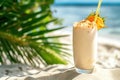 Tropical fruits pineapple juice on sunny beach under palm shadow. Generative AI Royalty Free Stock Photo