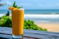 Tropical fruits pineapple juice on sunny beach under palm shadow. Generative AI Royalty Free Stock Photo