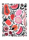 Tropical fruits poster with watermelon, banana, orange, lemon, berries pop art doodles